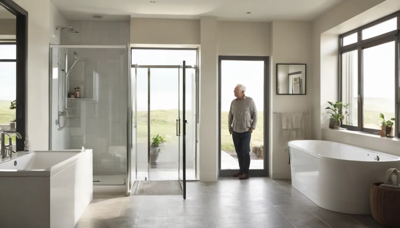 A friendly provider and a homeowner reviewing a walk-in tub plan in a bright bathroom in Hudson